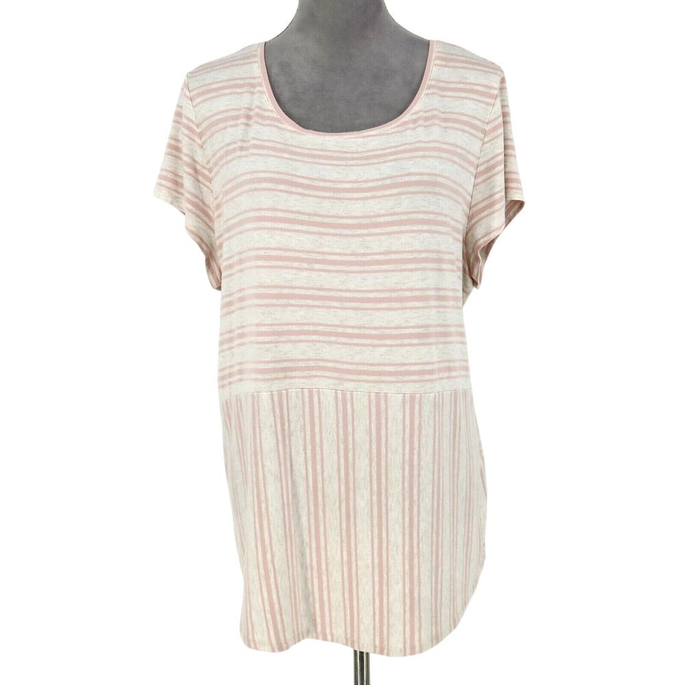 Chicos Top 3 Womens XL Pink Ivory Tunic T-shirt Stretch Knit Nautical Coastal